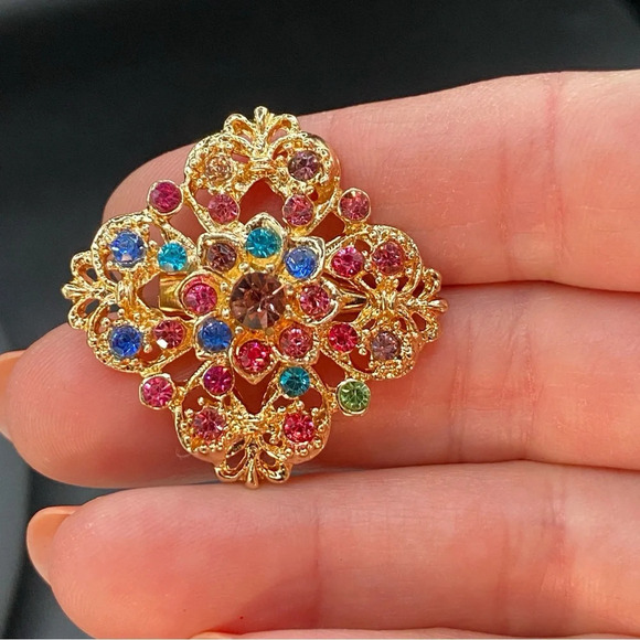 Colourful Gemstone Vintage Inspired Gold Tone Brooch - Picture 8 of 8
